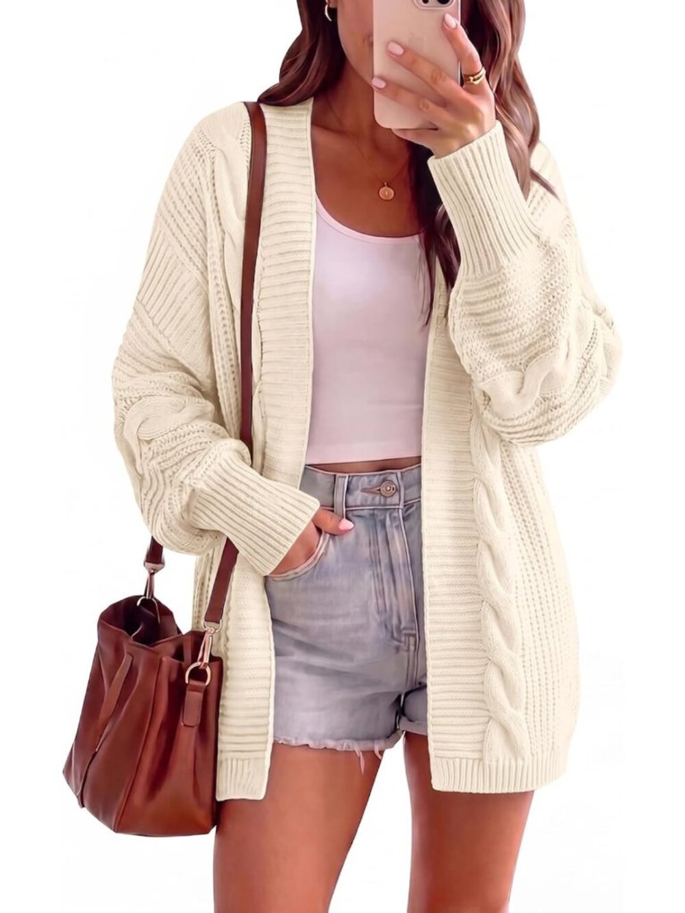 Cozy Batwing Sleeve Open Front Cable Knit Cardigan Sweater for Women